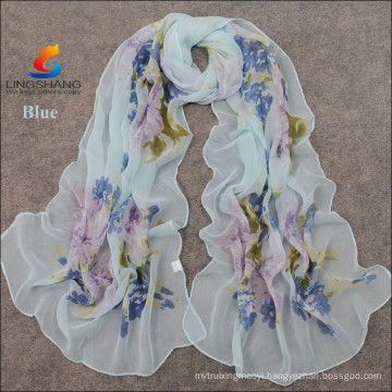 Lingshang new style spring and autumn fashion shawl women flower leaves pattern scarves chiffon silk scarf pashmina wholesale